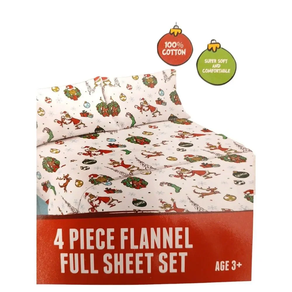 THE‎ GRINCH Christmas Sheet Set Sz Full Flannel Cotton 3 Pc Holiday Warm SUESS